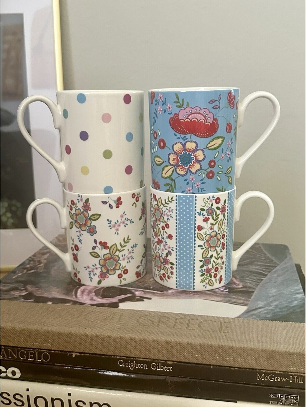Set of 4 Queens By Churchill Coffee Mugs Trail Series Floral & Polka Dot Pattern